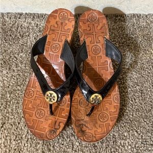 Tory Burch Black and Tan Flip Wedges